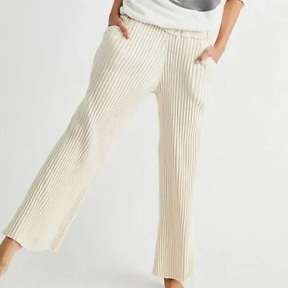 Free People Beach Serena Ripped Raw Edge Pants in Cream, Sz XS